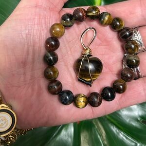 TIGER EYE HEART GORGEOUS gold & black wire wrapped crystal pendant bracelet set